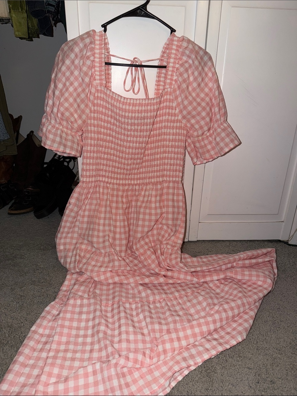 Pink Gingham Smocked Maxi Dress with Puff Sleeves - Picture 4 of 4